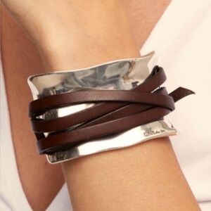 Silver and Brown Leather Wrap Bracelet